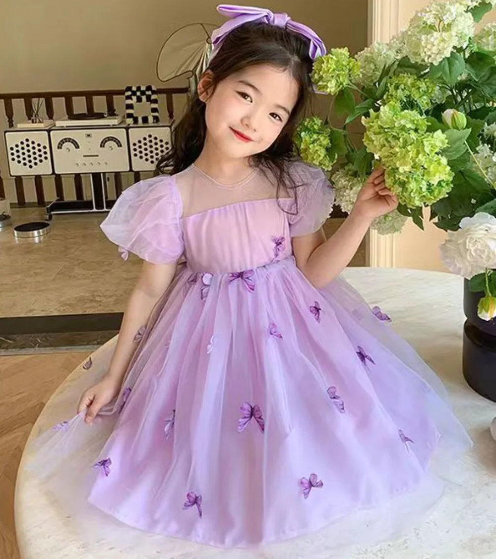 2023 Easter Children Girl Summer Clothes Sleeveless Butterflies Applique Green Purple Kids Dresses for Girls for 4 To 5 Years