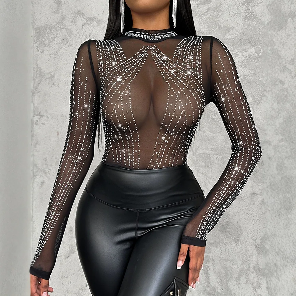 

Women Sexy Fashion Rhinestone Sheer Mesh Skinny Round Neck Long Sleeve Elegant Bodysuit Romper Top