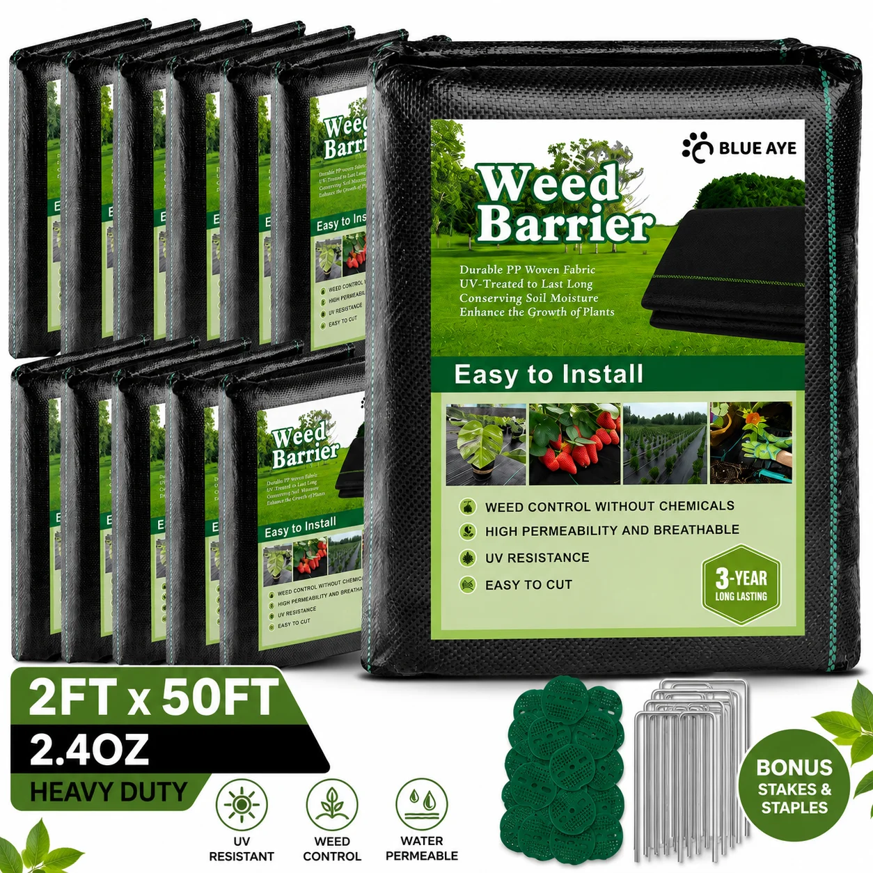 2FT X 50FT Weed Barrier Landscape Fabric, 2.4oz Heavy Duty Woven Ground Cover, Weed Control Mat for Garden Landscaping, Yard, Flower Bed and Farm