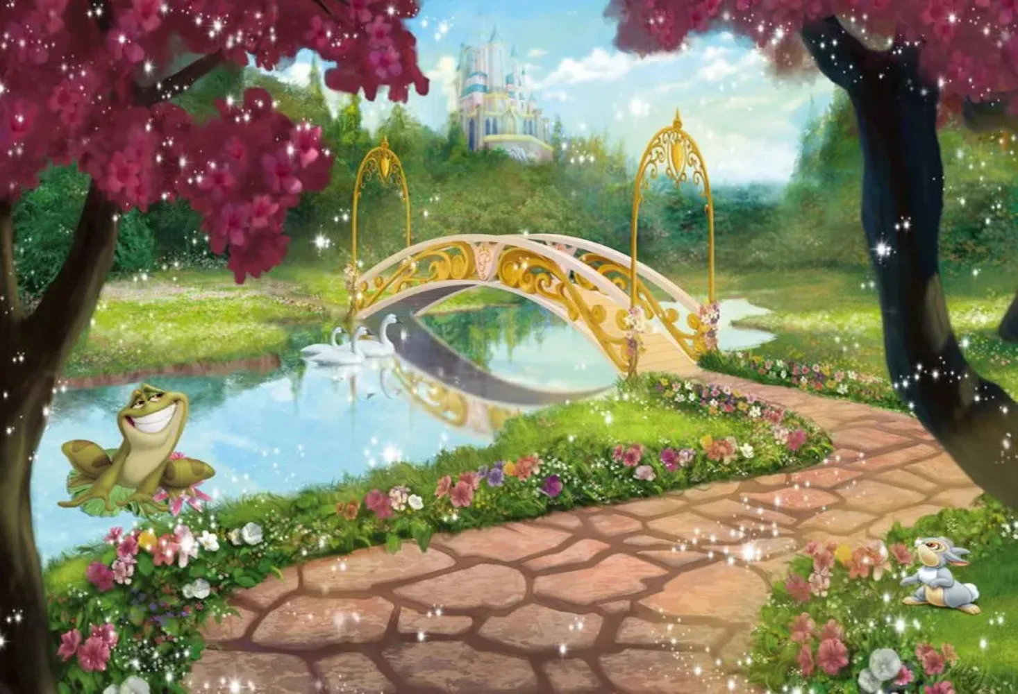 7x5FT Fairy Castle Garden Golden Bridge River Princess and Frogs Custom Photo Studio Backdrop Background Vinyl 220cm x 150cm