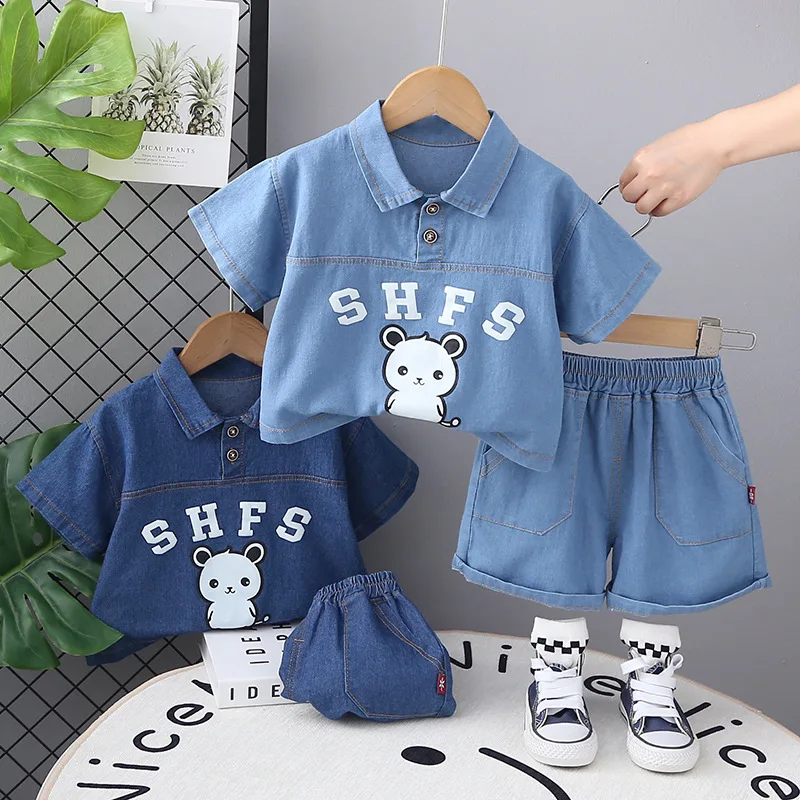 

New Boys Summer Clothes Set Korean Style Children's Cartoon Letters POLO Shirt +Shorts 2PCS Kids Girls Lapel Denim Clothes