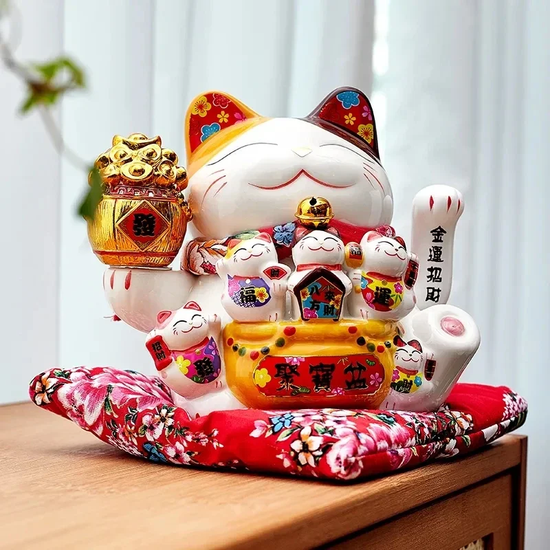 7Inch Ceramic Beckoning Cat Maneki Neko Ornament Feng Shui Decoration Swing Lucky Cat