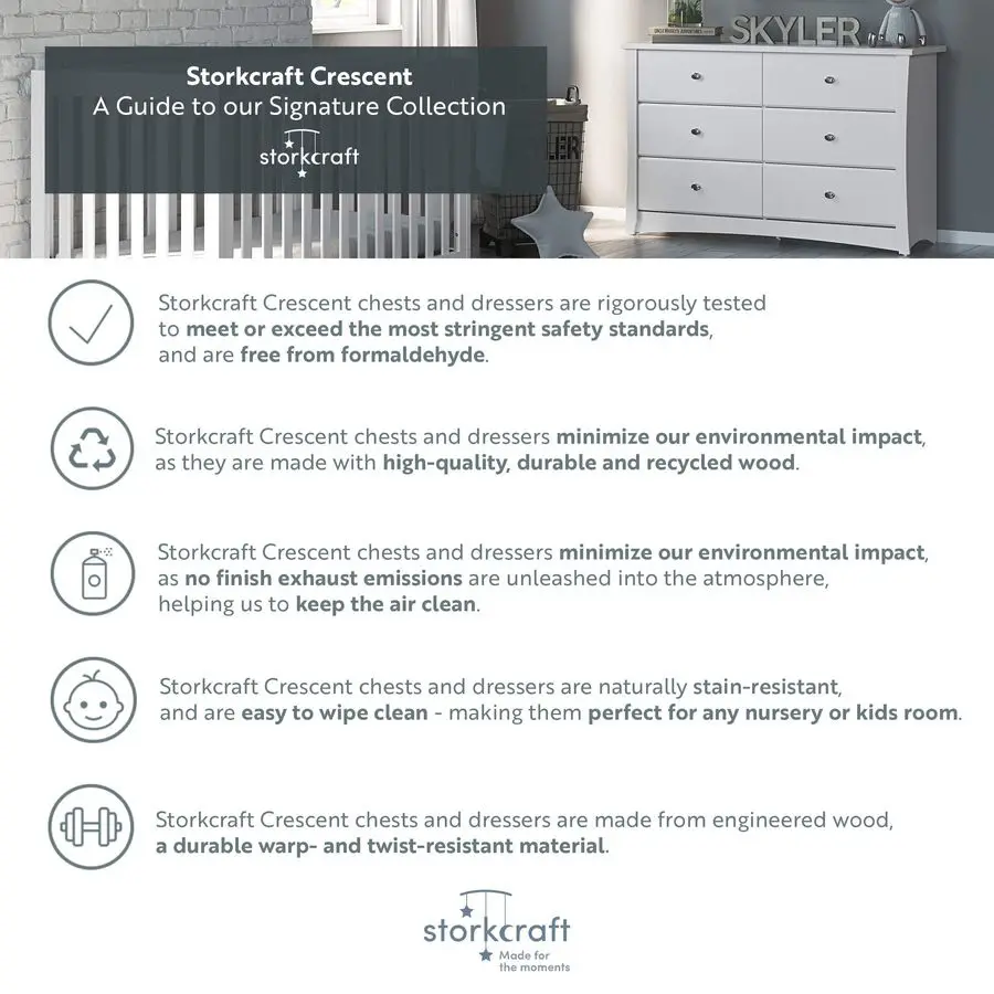 Crescent 6Drawer Dresser White u2013 GREENGUARD 골드 인증, 침실용 흰색 서랍장, 어린이 보육용 수납함, 안전 I