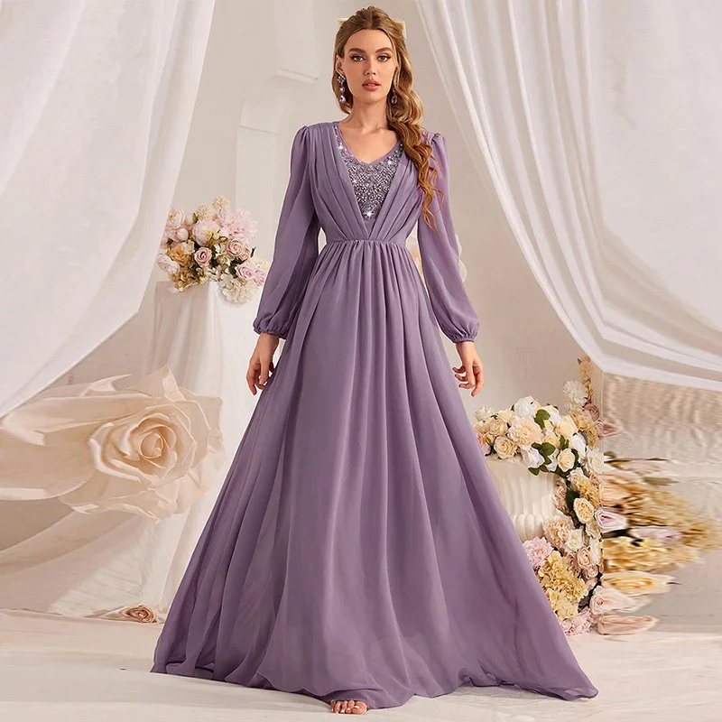 New Luxury Beaded Abayas for Women Muslim Chiffon Full Length Maxi Evening Wedding Party Dress Dubai Kaftan Gown Longue Vestidos