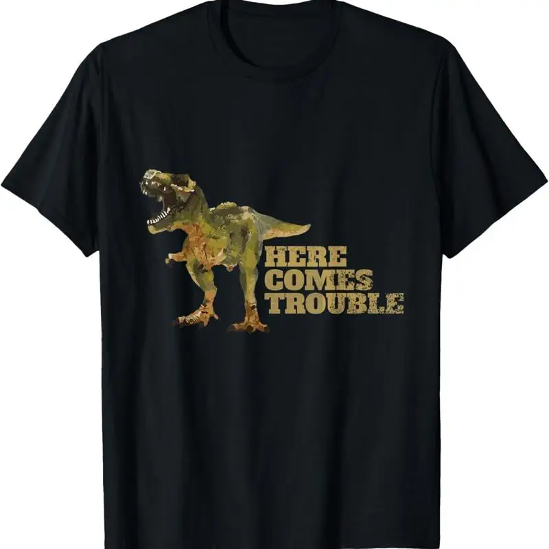 

Here Comes Trouble Kids T Shirt Rex Dinosaur Boys Girls