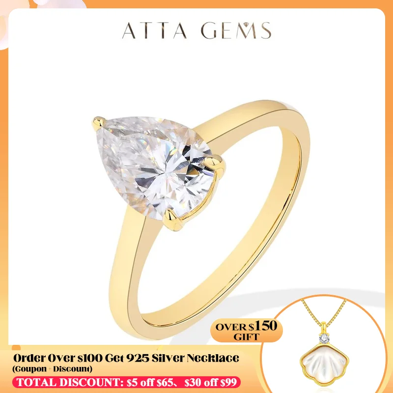 

ATTAGEMS 2CT Moissanite Diamond Rings for Women Pear Cut Solid 18K 14K 10K Au585 Yellow Gold Engagement Fine Jewelry Top Quality