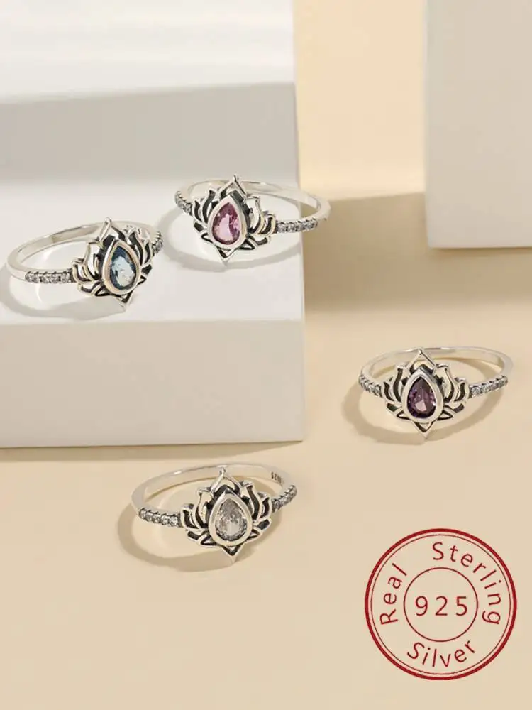 

925 Sterling Silver Multi Color Lotus Flowers Water Drop Zircon Ring For Women Anniversary Party High Quality Fine Jewelry