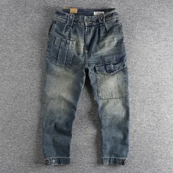 Jean cargo bleu délavé d'inspiration vintage pour homme, jambes larges