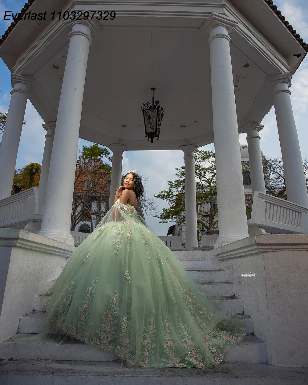 EVLAST-Robe de RhQuinceanera personnalisée avec appliques florales, cape perlée, vert sauge brillant, Sweet 16, QD1181