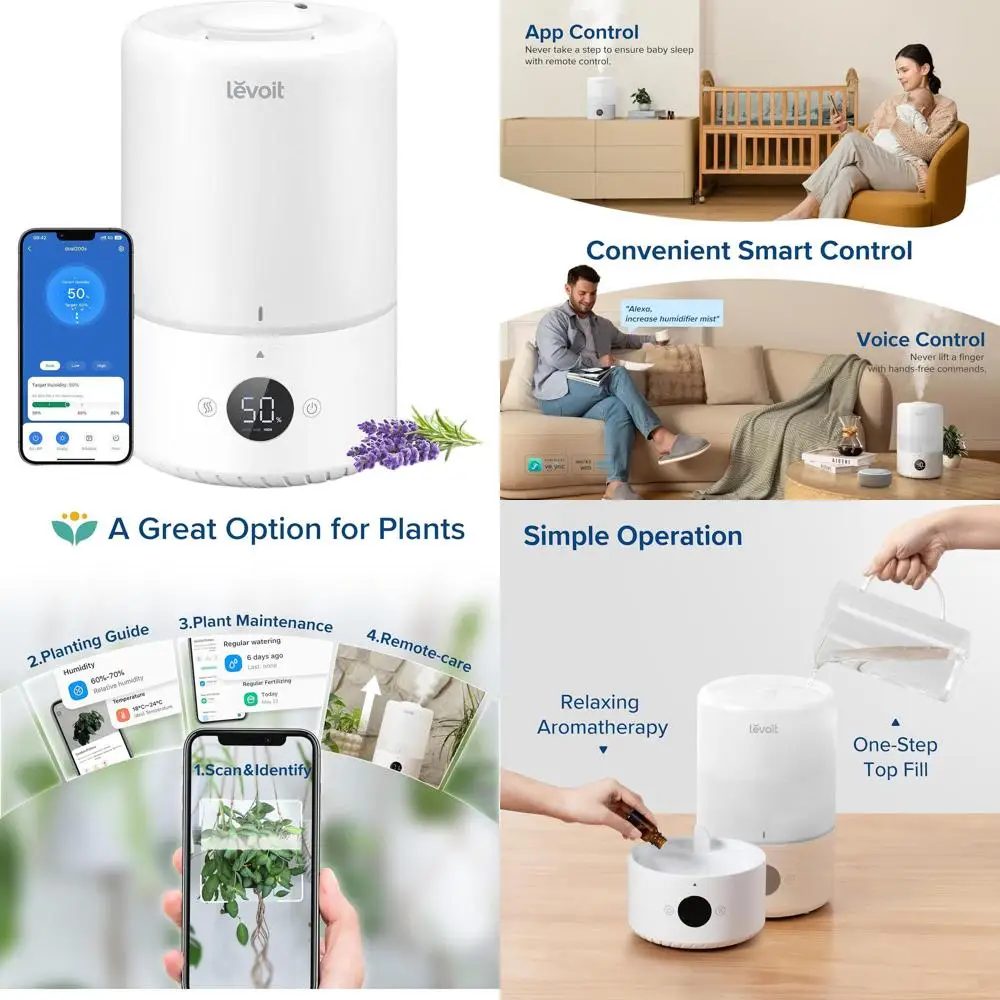 

Увлажнитель воздуха с верхней подачей воды и функцией холодного тумана для спальни: с датчиком, автоматическим контролем влажности, управлением через приложение/голосом, 3 л, белый