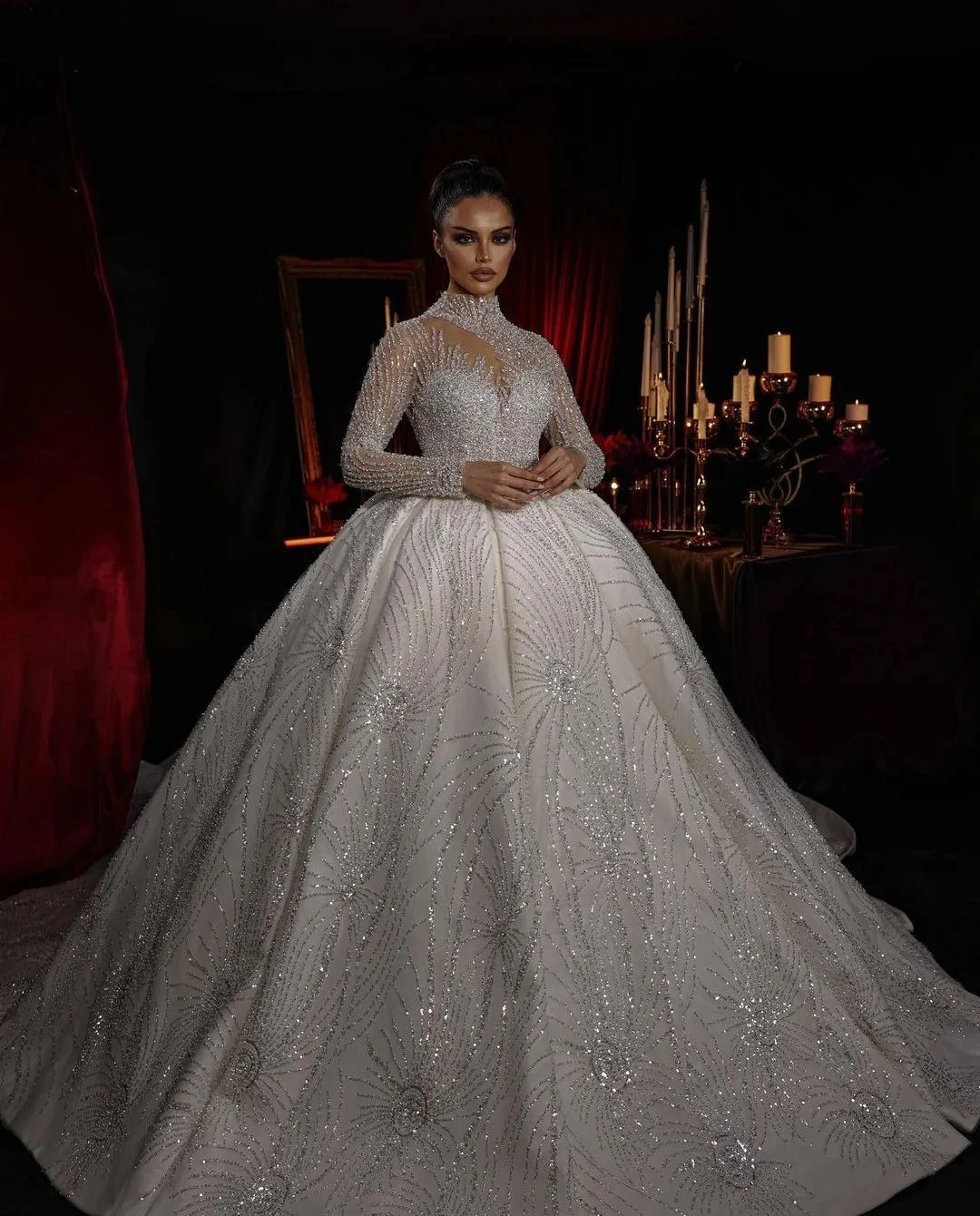 

Exquisite Sequined Pearl Wedding Dresses Princess Long Sleeves Bridal Ball Gowns Custom Made Vestidos De Novia