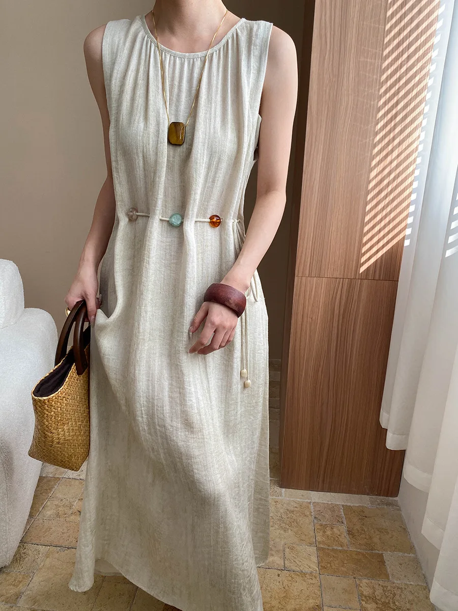 Spring and summer women's casual solid color round neck sleeveless loose dress image 6