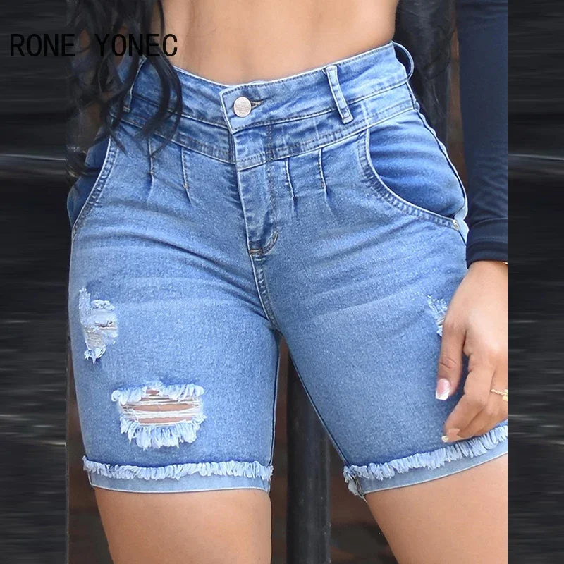 

Women Casual High Waist Ripped Zipper Pocket Skinny Straight Jeans Denim Shorts
