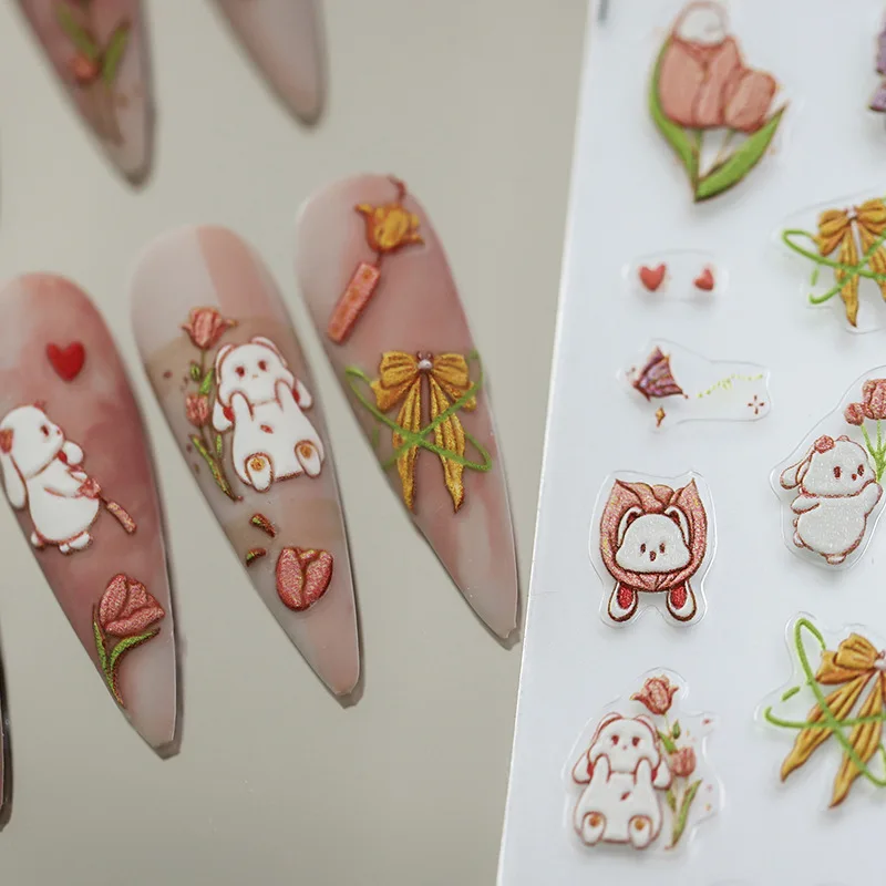 Tulip Bouquet Bunny Bowknot 5D Soft Embossed Reliefs Self Adhesive Nail Art Stickers Cute Rabbit 3D Manicure Decals Wholesale