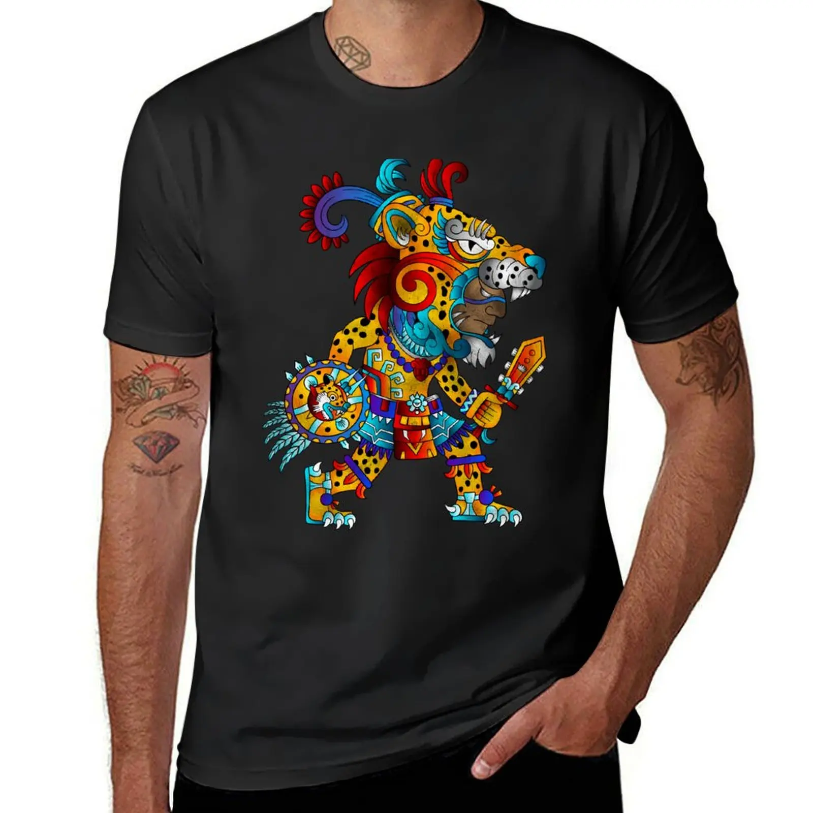 cartoon jaguar warrior mexico aztec T-Shirt summer tops aesthetic clothes quick-drying Men's cotton t-shirt