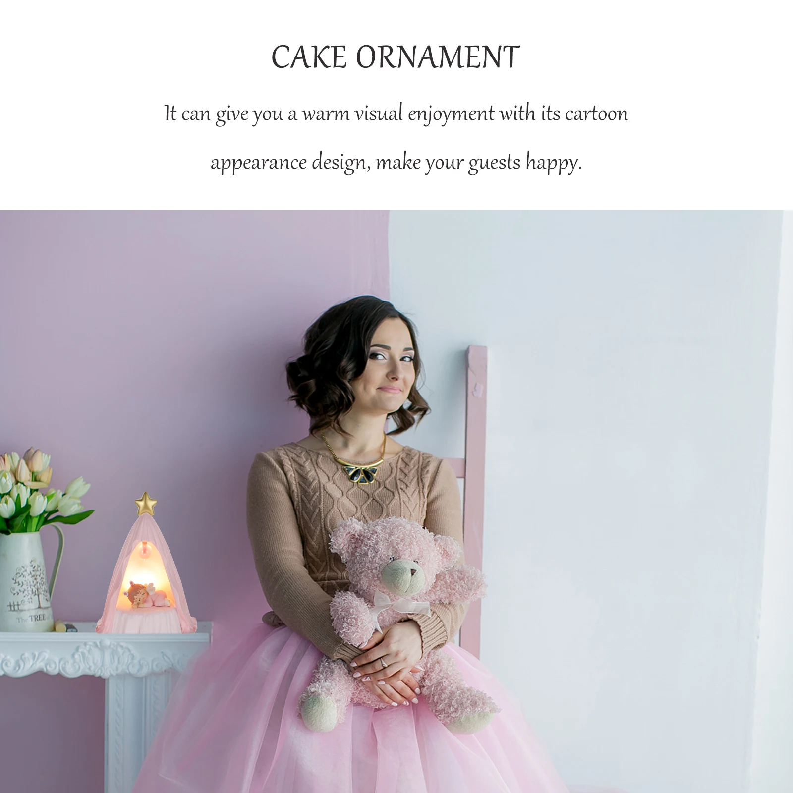 

1Pcs Glow Night Light Cartoon Angel Cake Ornament Durable Resin Bedroom Decor Dessert Decoration Birthday Party Supply