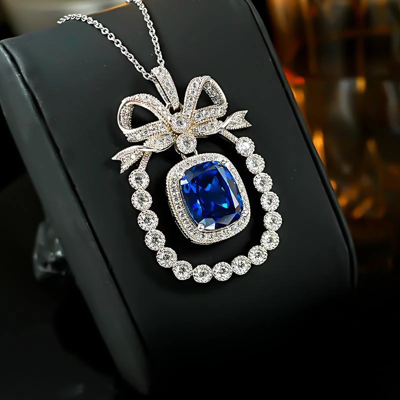 New s925 silver elegant sparkling cornflower sapphire bow necklace cultivated high carbon diamond pendant wedding jewelry