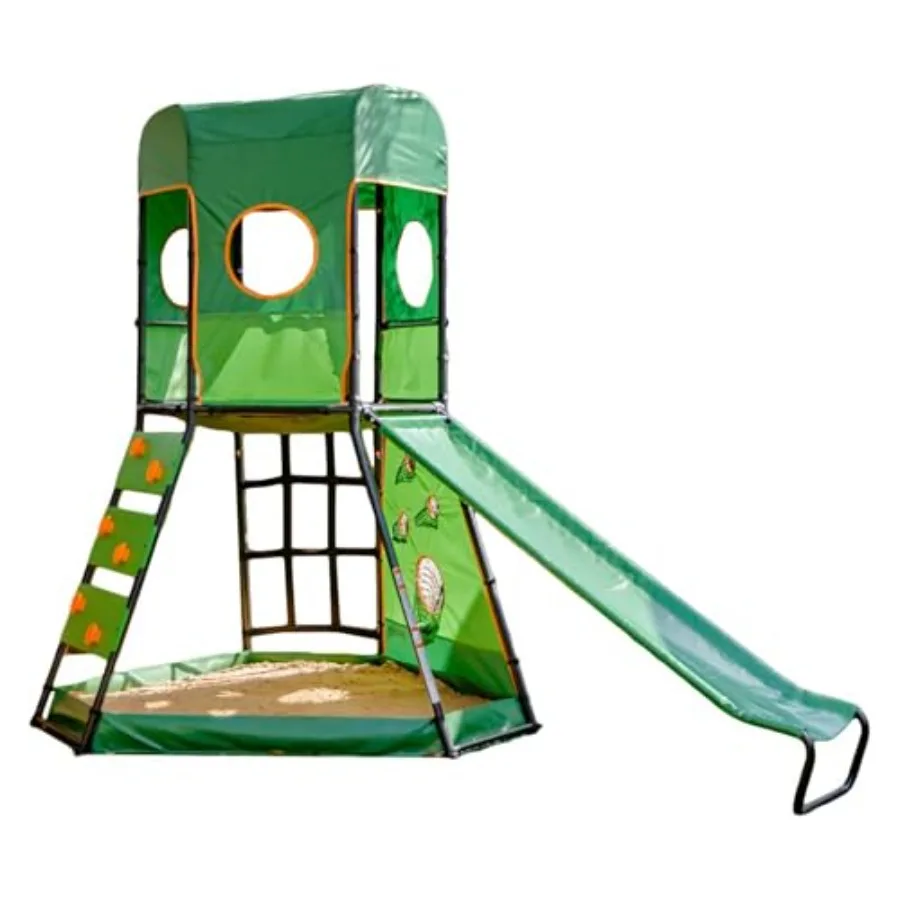 

Outdoor backyard climbing tower with slide for kids 6+, green polyethylene and steel, 600 lb capacity, includes climbing walls