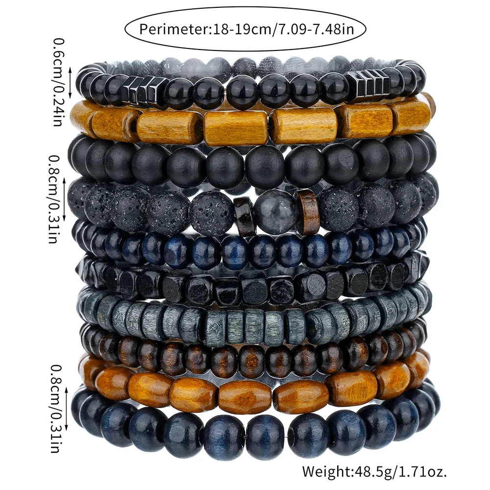 Vintage Wood Beads Coconut Shell Volcanic Stone Handmade Beaded Bracelet 10 Sets Men\\\\\'s Elastic Couple Brazalete Bracelet