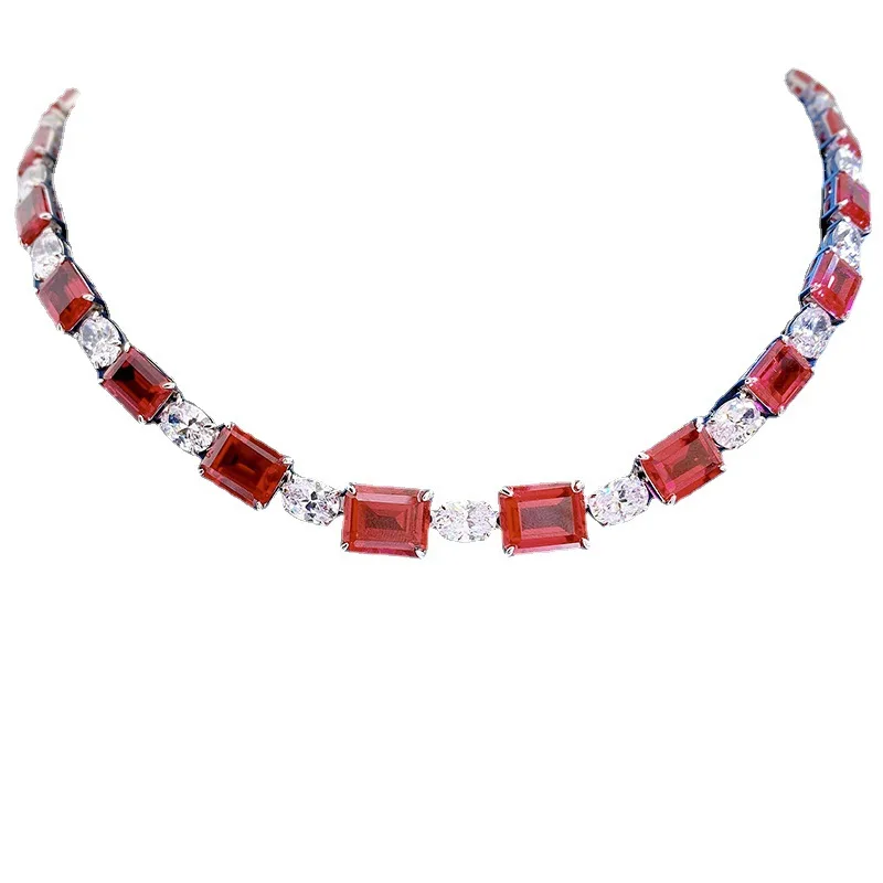 S925 Silver Necklace Dove Blood Red European and American Single Row Full Diamond Collar Chain Necklace Jewelry