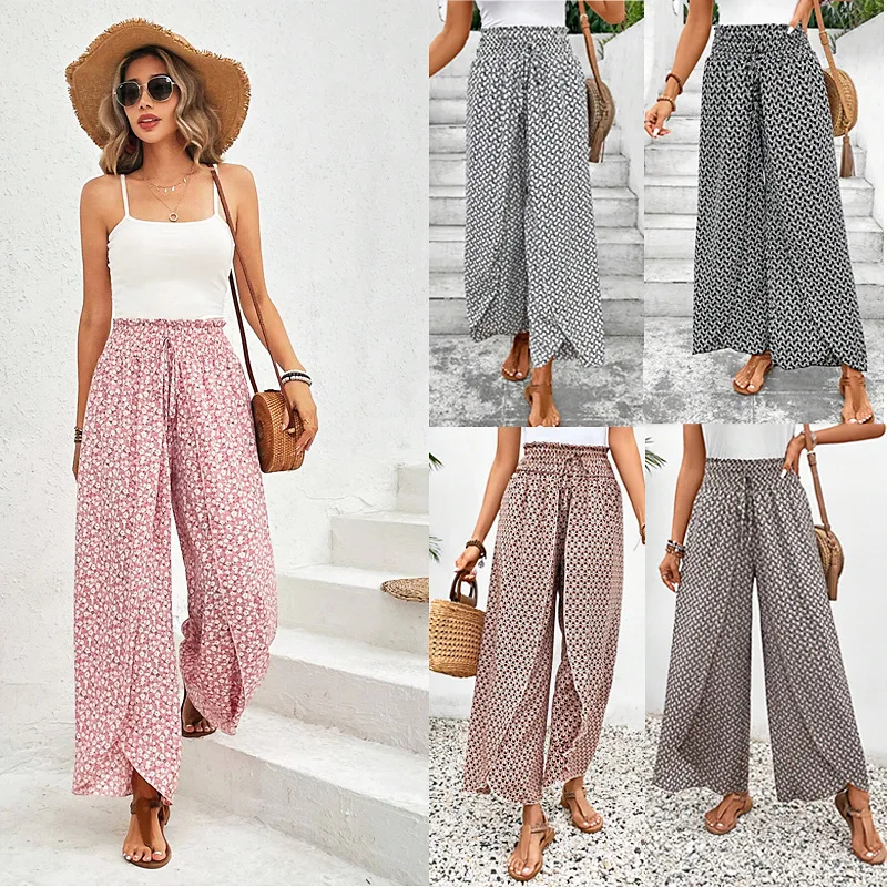 

Spring Summer Women Elegant Wide Legs Pants Casual Vacation Beach Print Trousers Office Lady Loose High Waist Pants
