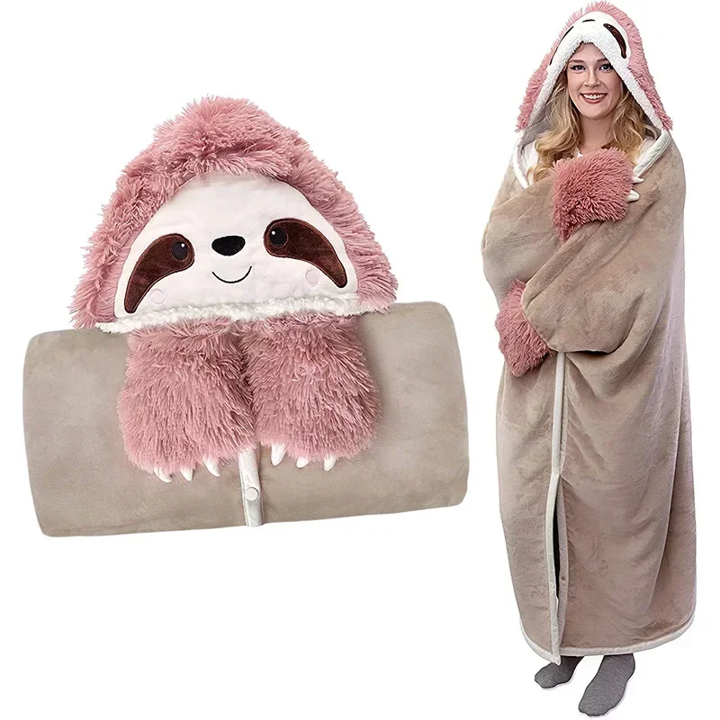 Cartoon Cute Lazy Hooded Plush Blanket Gloves Soft Comfortable Home TV Blanket for Winter Warm Thickened Fleece Robes