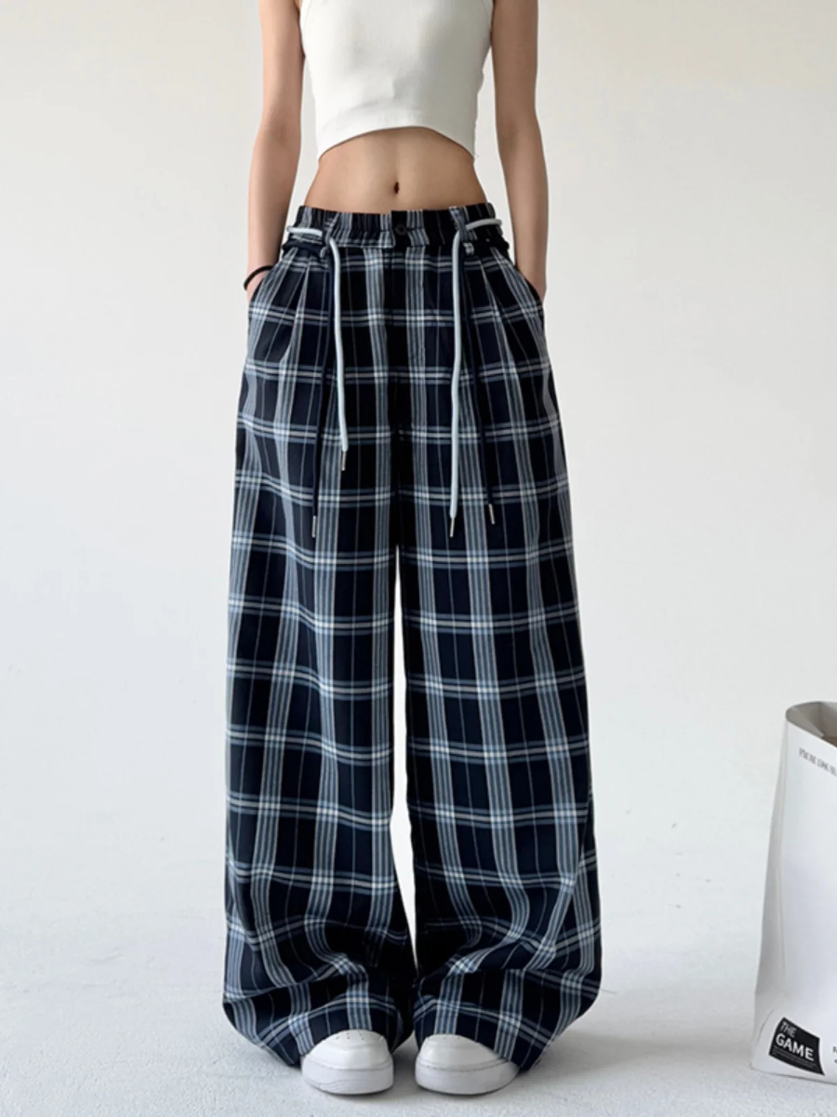 

Off American Retro Plaid Wide Leg Pants Women's Casual Straight Cut Spring Autumn New Sle High Waist Polyester Blend