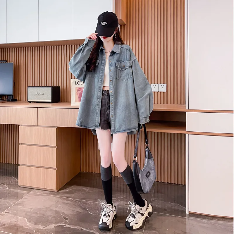 Women Light Blue Frayed Denim Shirt Coat 2026 New Oversized Long Sleeve Outwear Top Distressed Curved Hem Casual Jacket Lady Y2K