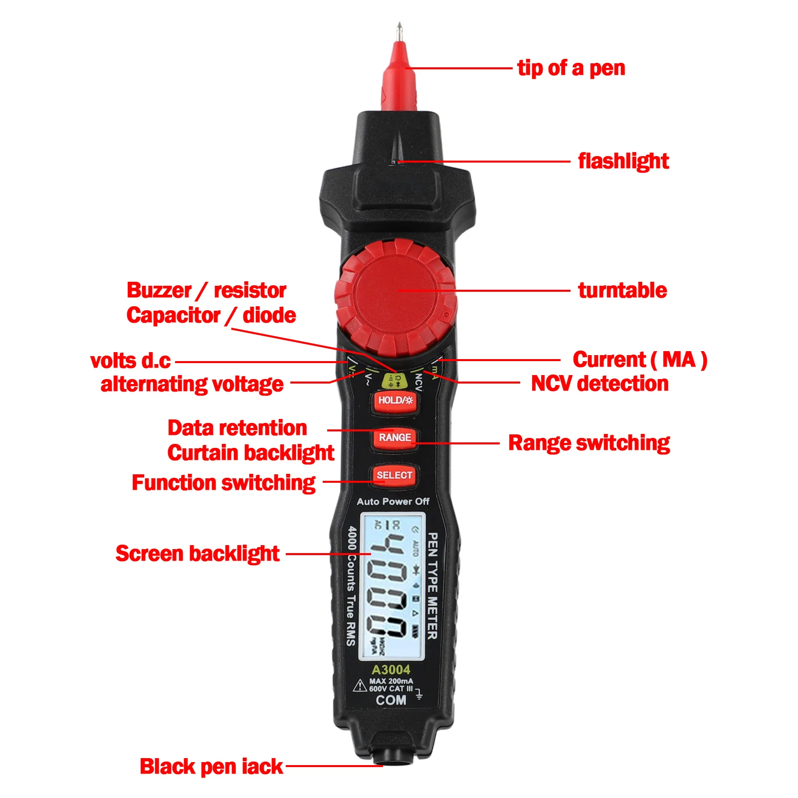 ANENG 펜 타입 계량기 4000 카운트 멀티 미터, 비접촉 AC/DC 전압 저항 커패시턴스 다이오드 연속성 테스터 도구, A3004