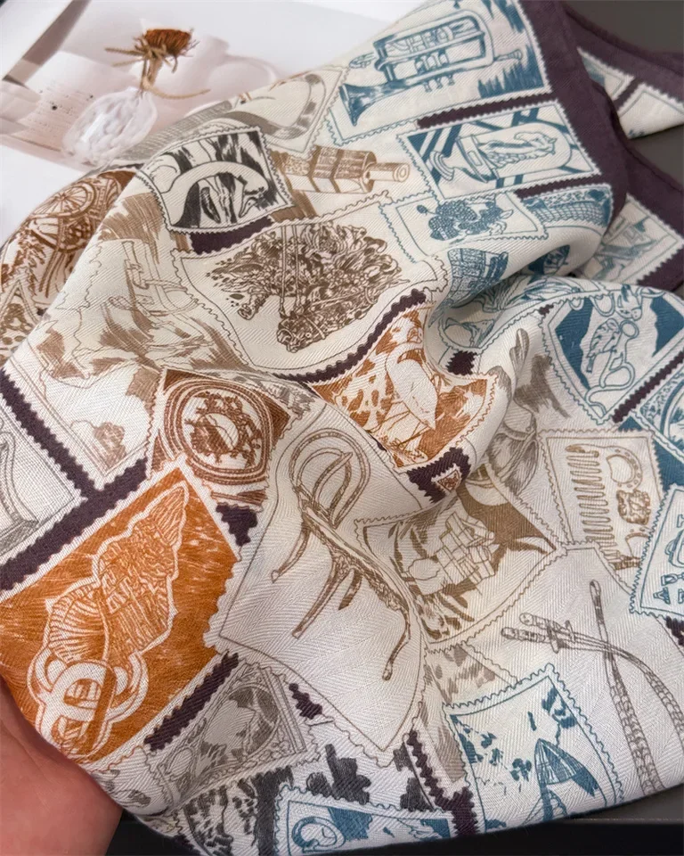 الفاخرة خمر طوابع طباعة وشاح مربع المرأة القطن الكتان الشعور هيرباند منديل التعادل الإناث عقال Foulard #6