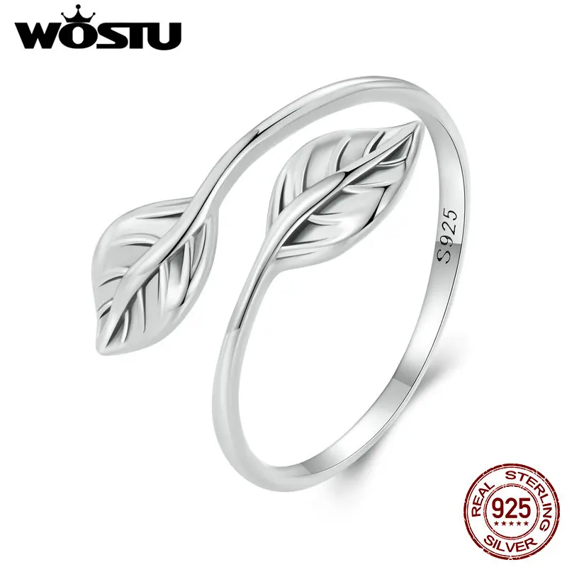 WOSTU Real 925 Sterling Silver Vintage Leaf Open Ring For Women Classical Stackable Adjustable rings Party Jewelry Gift Handmade