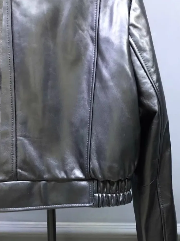 فاسق المرأة دراجة نارية سترة عالية الخصر الوقوف طوق جديد ملابس علوية بأكمام طويلة للربيع سستة الشارع الشهير الإناث جلد طبيعي معطف قصير