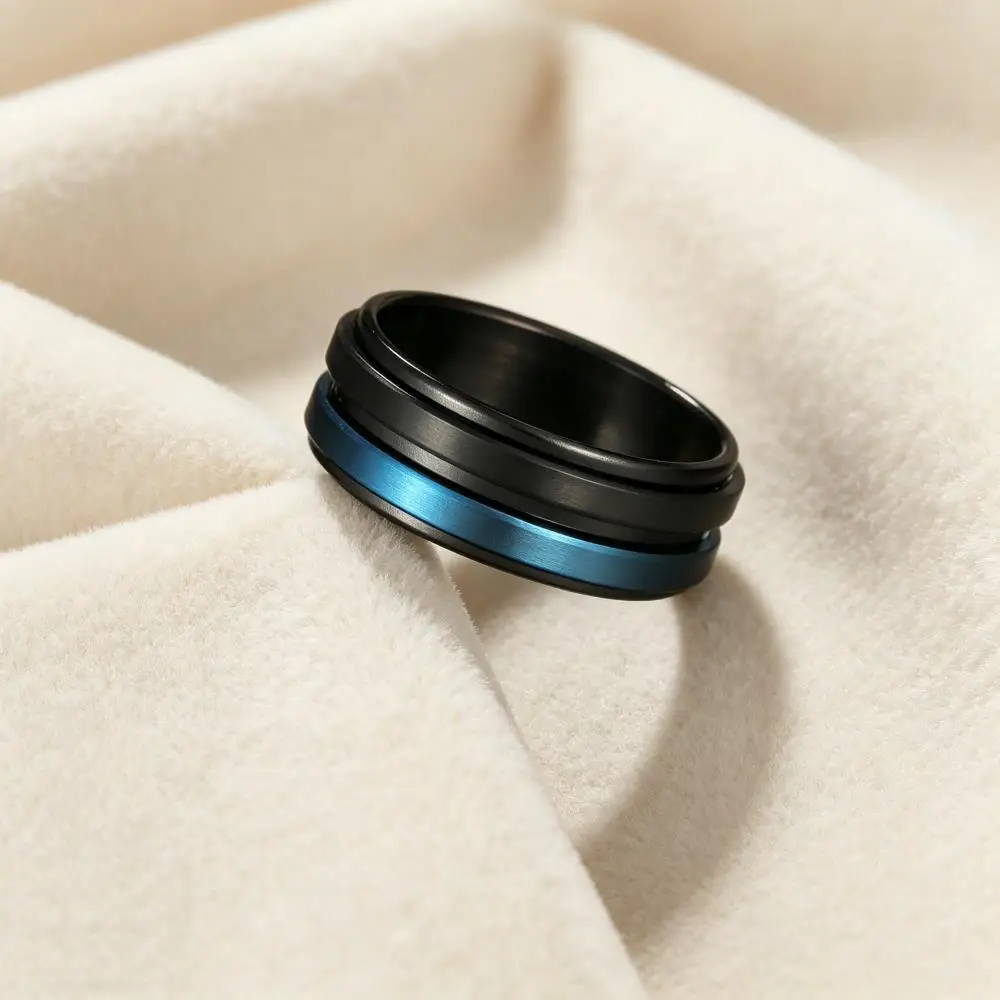 Two Tone Black Blue Color Rotating Stainless Steel Spinner Rings For Men Rocking Vintage Male Wedding Bands Party Jewelry Gifts