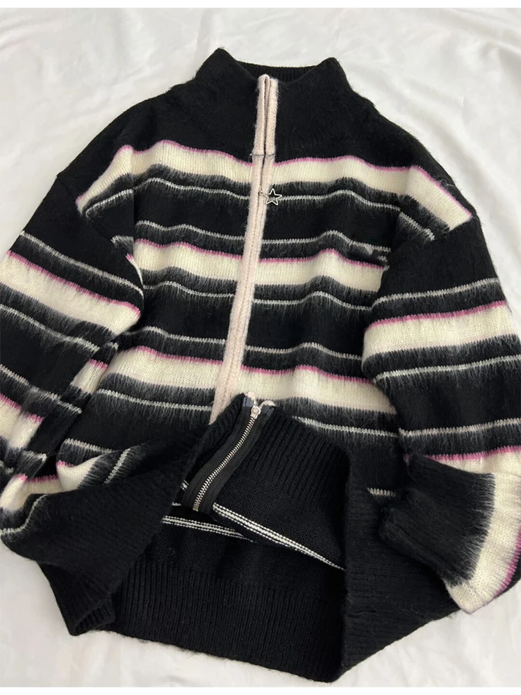 Women Black Gothic Striped Cardigan Knit Two-tone Sweater 90s Harajuku Korean Vintage Long Sleeve Jumper Sweaters 2000s Clothes