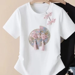 New Chinese short sleeve T shirt buckle female 2024 new summer national wind small shirt design sense of chic beautiful small sh