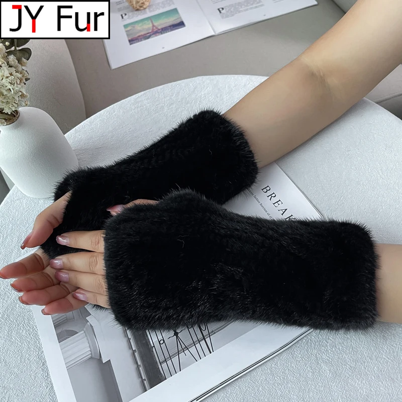 

Top Quality Women's 100% Winter Warm Real Mink Fur Knitted Half Finger Gloves Girls Typing Mittens