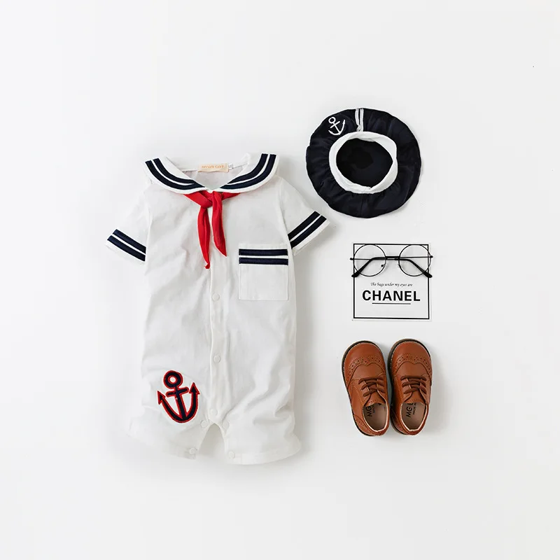 

Infant Blue Navy Baby Romper Summer Infant Sailor Style Short Sleeve Onesie with Hat & Bowtie Bodysuit Newborn Boy Clothes