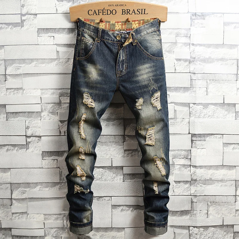 

Vintage autumn washed denim ripped jeans for men spring and autumn styles American high street slim fit small straight leg pants