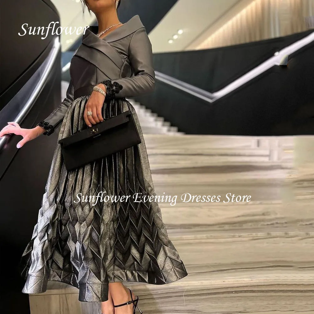 Sunflower V-Neck Prom Gown Pleat A-LINE Evening Dress Slim Satin Party Dress 2023 Long Sleeve Floor-Length Prom Dress