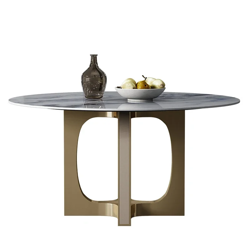 Light luxury villa natural marble dining table Nordic modern dining room stainless steel leg round shape dining table for villa