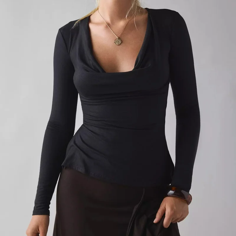 Womens 2026 Spring Summer Cowl Neck Tops Long Sleeve Solid Color/Striped Split Hem Blouse