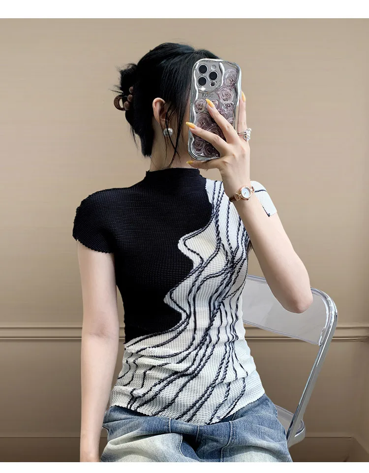 Elegant 3D printed top, women's summer fashionable pleated slim-fit short-sleeved T-shirt, factory direct sales.
