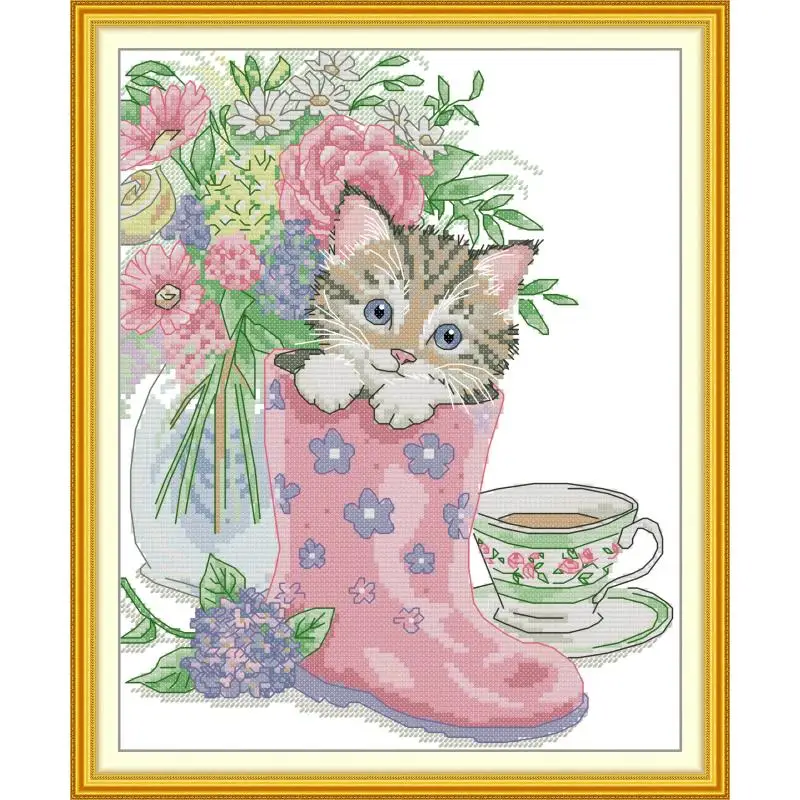 

Maydear Full Cross Stitch Kit, 11CT/14CT/16CT/9CT Aida Fabric,DMC Threads Sewing Pattern Embroidery Set-Kitten in a Rainboot