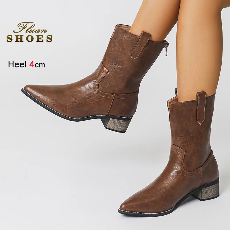 

New Women Short Boots Pointed Toe 4cm Coarse Heel Middle Boots Fashion Brown Casual Knight Boots Autumn Large Size Ankle Boots
