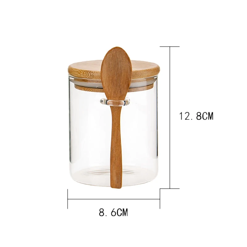 5X Glass Food Airtight Canister Castor Wooden Twist Lid Candy Storage Tank Jar Bamboo Food Container With Wooden Spoon