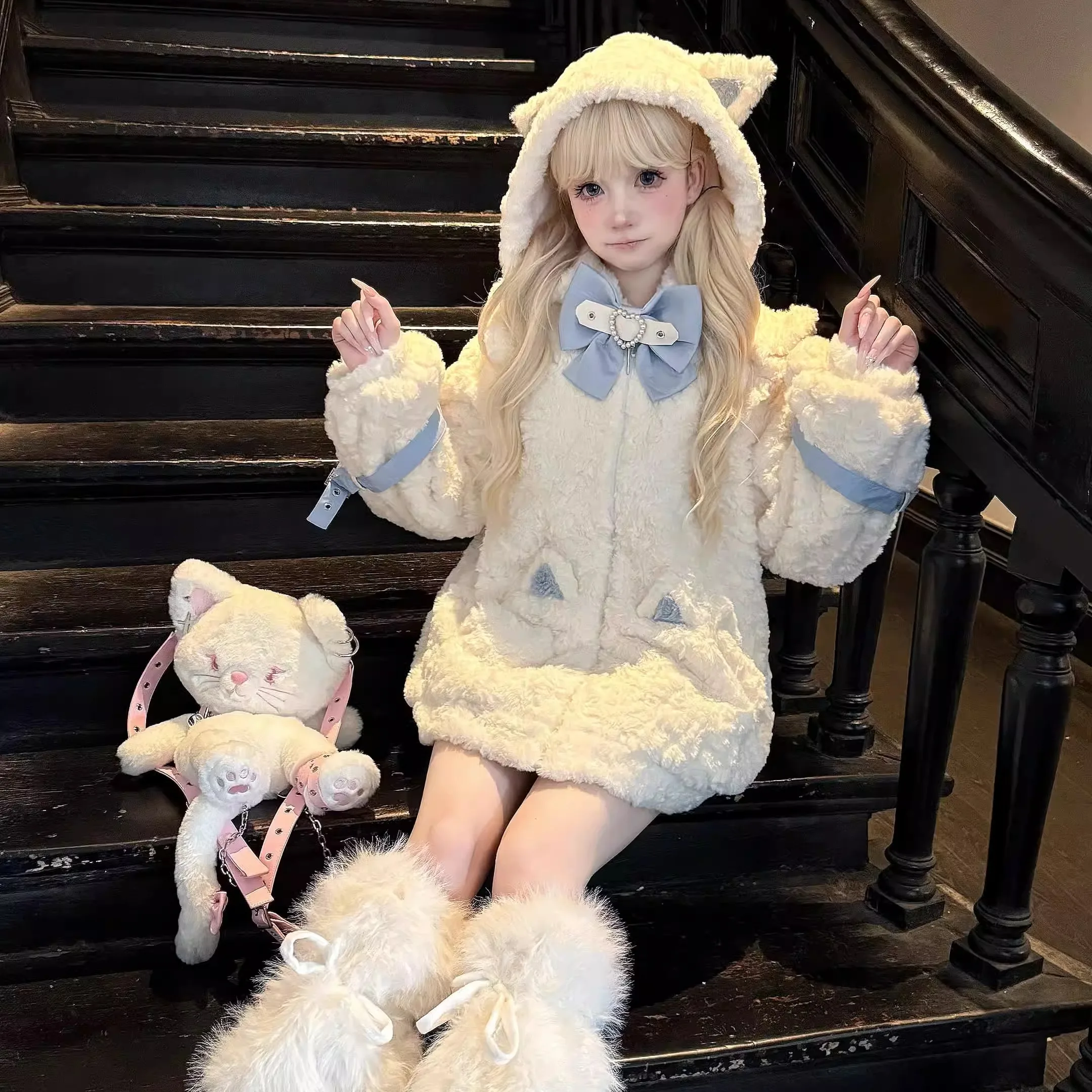 Autumn Winter Warm Fleece Sweet Cool Japanese Style Soft Cute Lolita Versatile Fluffy Cat Ear Coat Faux Fur Coat Women