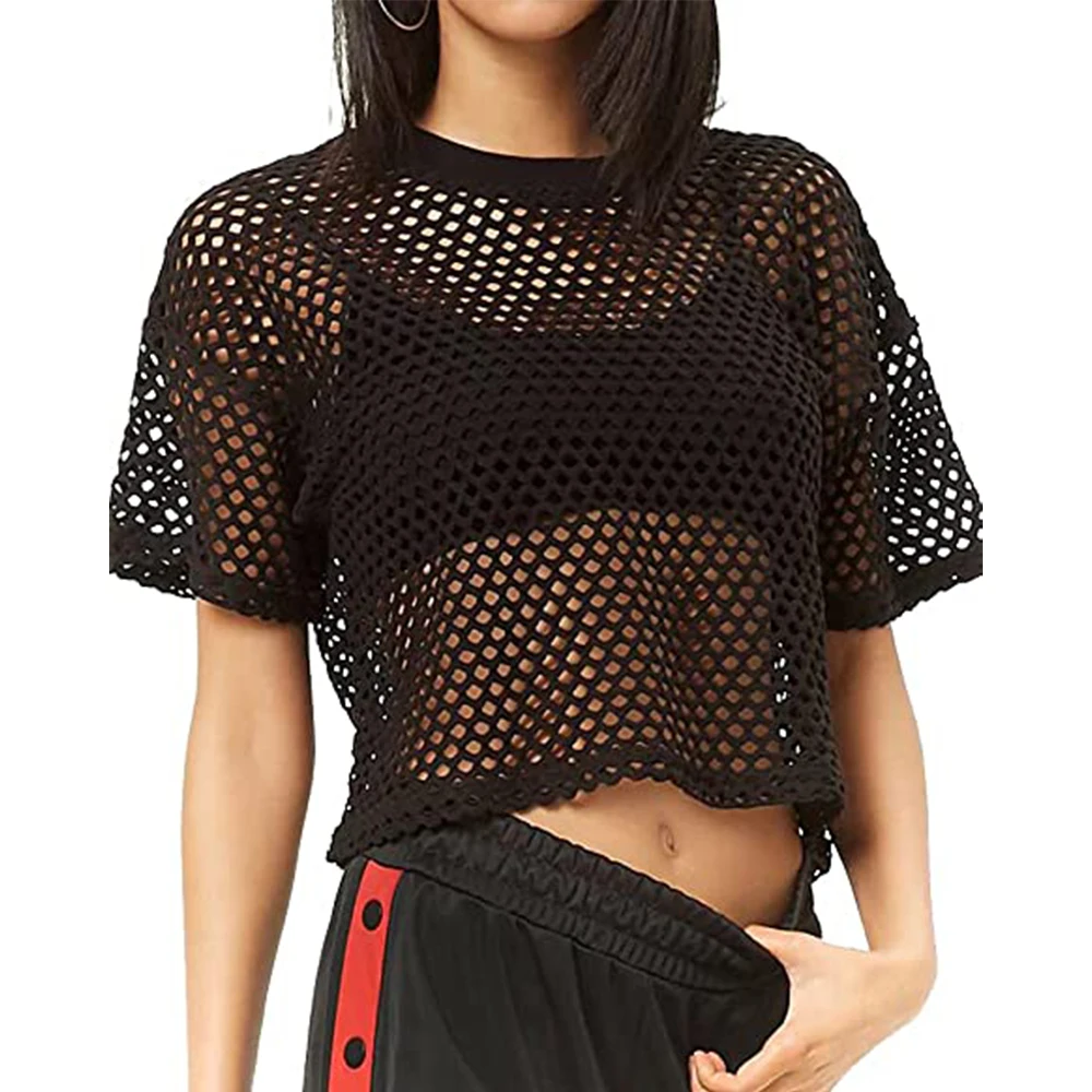 Top Women T-shirt Fashion Sexy Fishnet Solid Black White Crop Top Casual Summer See Through Woman Clothing Oversized Tees