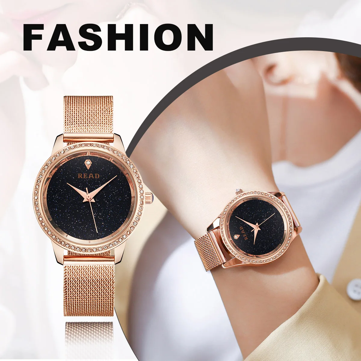 READ Women Quartz Watch | Starry Glitter Dial | Rose‑Tone Stainless Steel Mesh Band | Daily Water Resistant