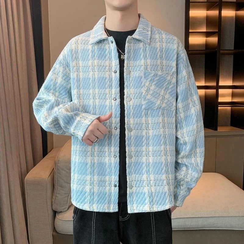 

Casual Men's Tweed Jaet Autumn Spring Loose Fit Preppy Plaid irt Outerwear Polyester Fabric Long Sve Button Closure