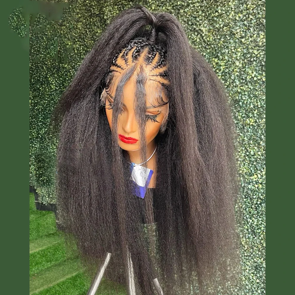 

Natural Black Soft 28 inch 200% Density Long Yaki Kinky Straight Lace Front Wig For Women With Baby Hair Preplucked Glueless